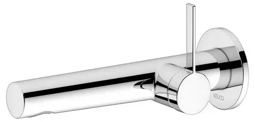 Verchromter Wandmischer von Keuco mit runder Form und einem seitlichen Hebel zur Steuerung des Wasserflusses.